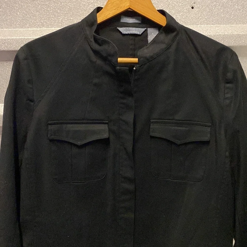 Hillard & Hanson black zip front Manchurian neck zip front stretch blazer jacket